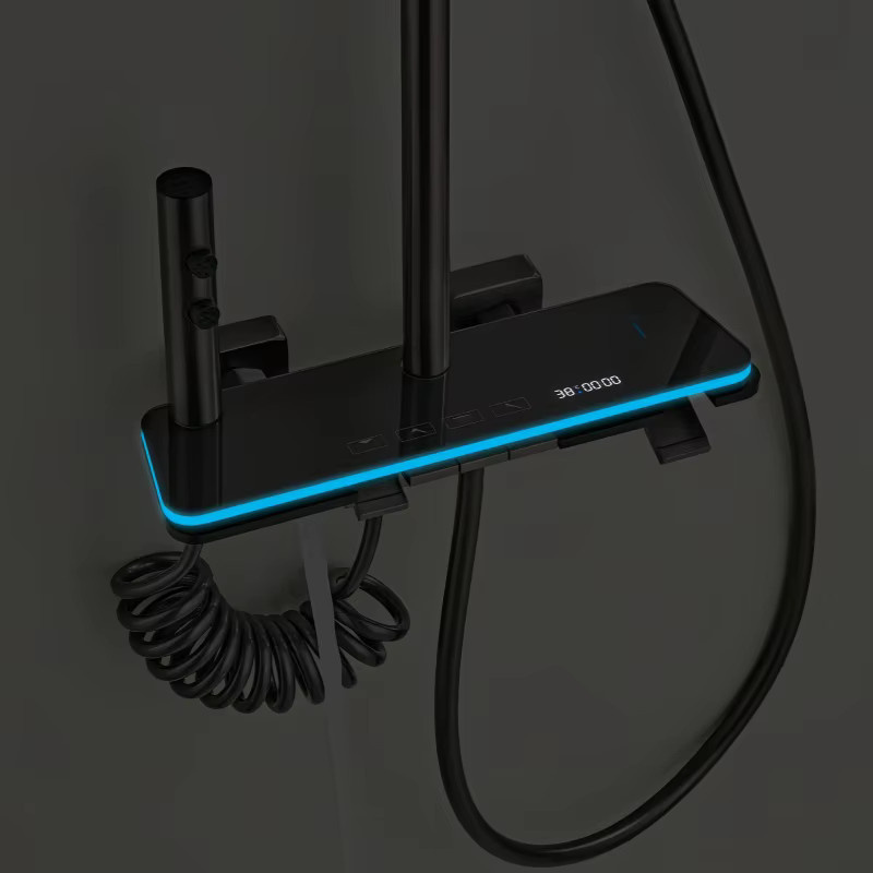 Badezimmer-Duschset mit Digitalanzeige und Stimmungslicht in Matt Schwarz mit Klaviertasten-Steuerung und Badewannenmischer - Bild 3