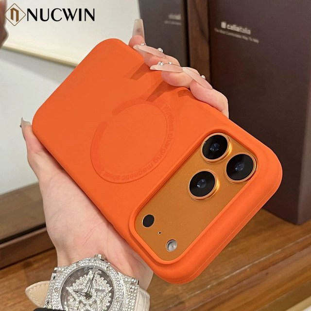 NUCWIN Magnetische Flüssig-Silikon Hülle für iPhone in Orange, Stoßfeste MagSafe Kompatible Schutzhülle - Bild 1