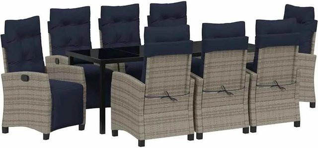 vidaXL Garten Essgruppe aus Poly-Rattan mit 9-teiligem Set in Grau mit Glasplatte und Kissen - Bild 1