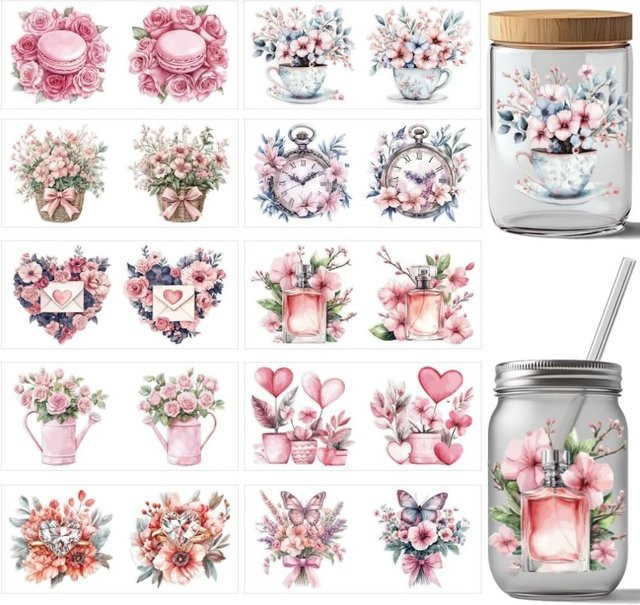 10 Stück UV DTF Cup Wrap Transfer Aufkleber mit Blumen, Schmetterlingen und Parfüm-Motiven, Mehrfarbig, PVC-Transferpapier für Tassen - Bild 1