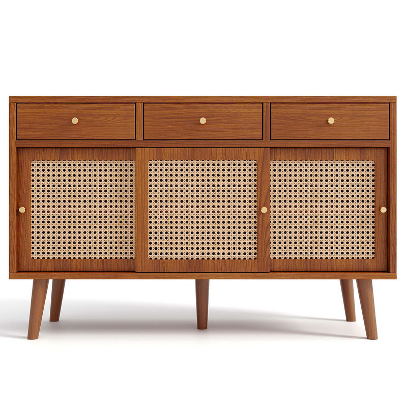 Aosom Sideboard aus massivem Holz mit Rattan-Elementen und 3 Schubladen sowie 3 Schiebetüren in Walnuss - Bild 2