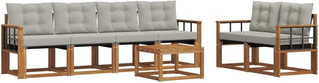vidaXL 7-tlg. Outdoor-Sofagarnitur aus Akazienholz und Textilene in Natur und Hellgrau mit Kissen und modernem Design - Bild 1