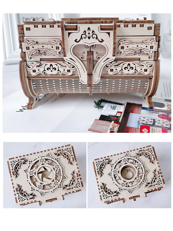 DIY 3D-Holzpuzzle antike Schmuckschatulle mit Spieluhr in Beige im Vintage-Design mit floralem Muster - Bild 3