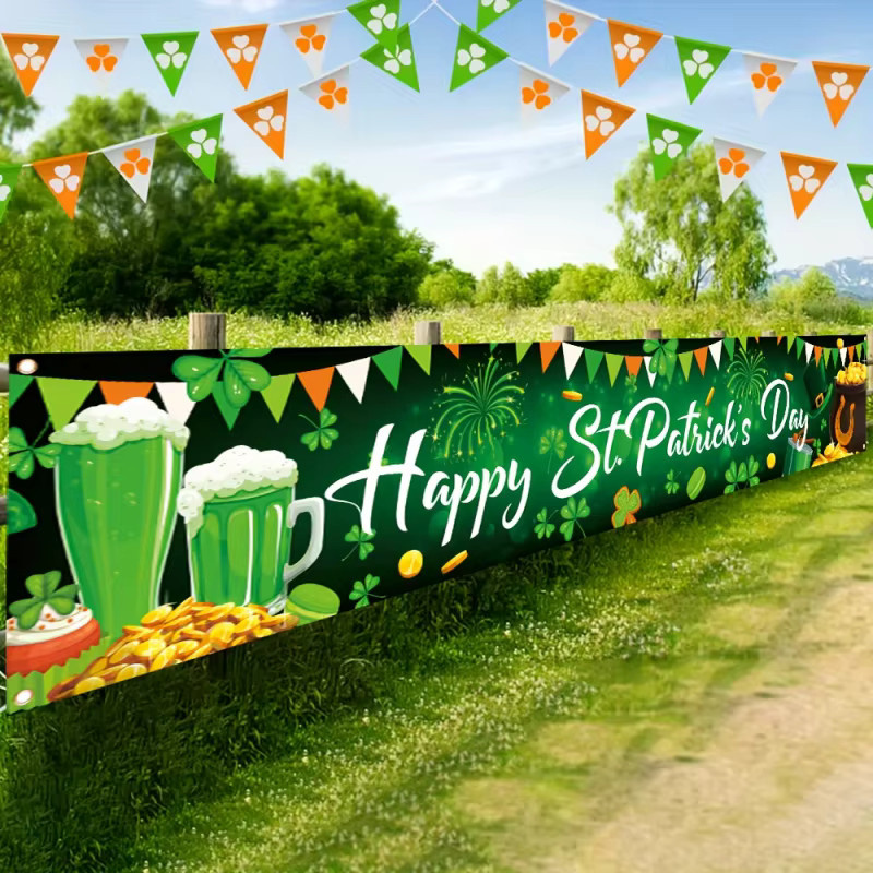 VIKAMA St. Patrick's Day Banner Wandteppich mit irischer Goldkanne in Gold und Grün für Außenbereich und Gartenparty, B: 150 cm, H: 40 cm - Bild 3