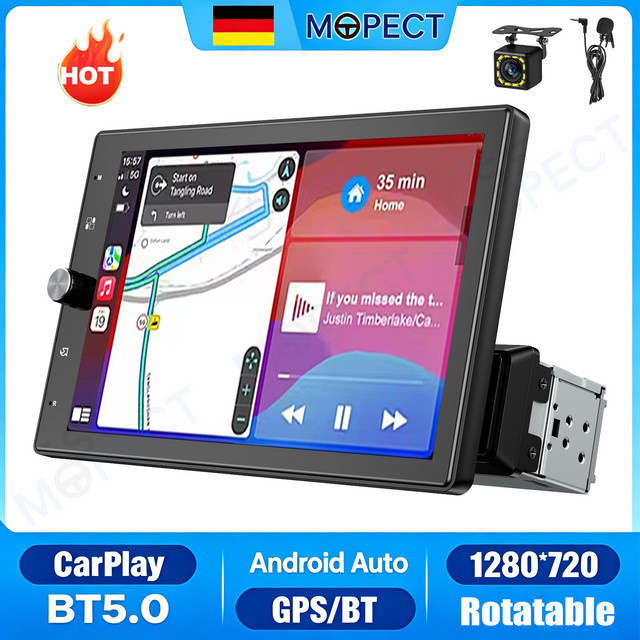 MOPECT Universal-Autoradio 1DIN mit 10,4 Zoll Touchscreen, Wireless Carplay, Bluetooth, FM, USB, AUX, Mikrofon und Kamera, Schwarz - Bild 1