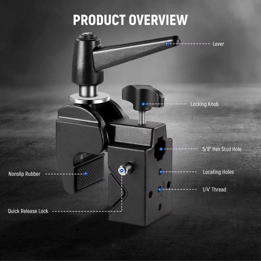 Neewer Super Clamp mit 5/8 Zoll Bolzen und Federverschluss in Schwarz für flache Oberflächen und Rundrohre - Bild 2