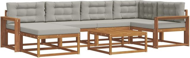 vidaXL Outdoor-Sofagarnitur L-Form aus Akazienholz mit 7 Kissen in Natur und Hellgrau - Bild 1