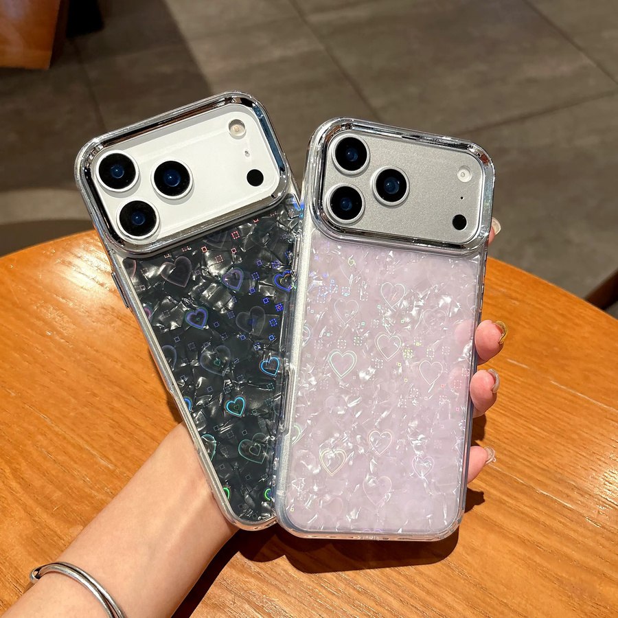 Apple iPhone Schutzhülle mit Luxus Shell Muster und Laser Herz Design in Multicolour, stoßfeste Hartschale für iPhone 17 16 15 14 13 12 Pro Max - Bild 1