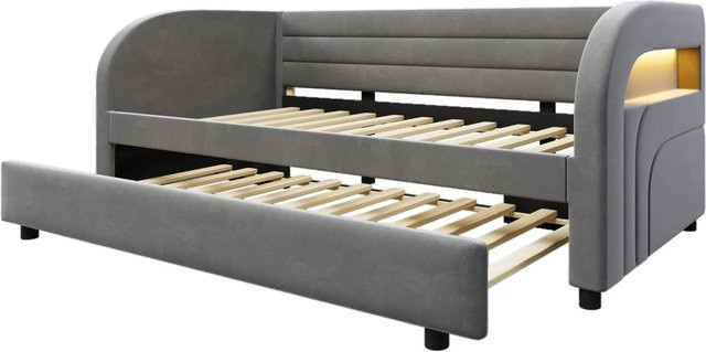 Merax Plattformbett mit Ausziehbett und LED-Unterbettbeleuchtung in Grau, B/T/H: 90 x 200 cm - Bild 1