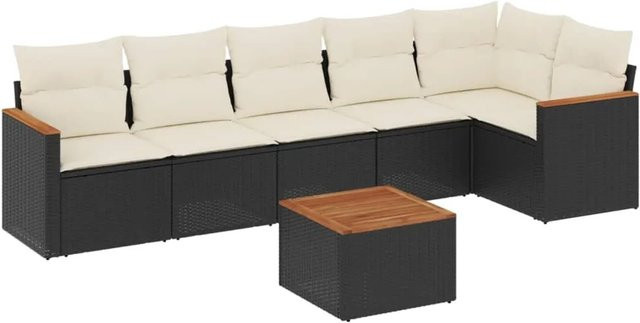 vidaXL 7-teilige Garten-Sofagarnitur in L-Form aus Poly-Rattan und Akazienholz mit Kissen in Schwarz und Cremeweiß - Bild 1