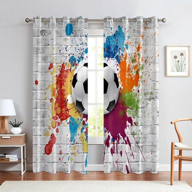 Yiran Furniture Vorhänge mit Fußball-Print in Aquarelloptik, 2er-Set, halbtransparent, Mehrfarbig, Breite: 120 cm, Höhe: 270 cm - Bild 1