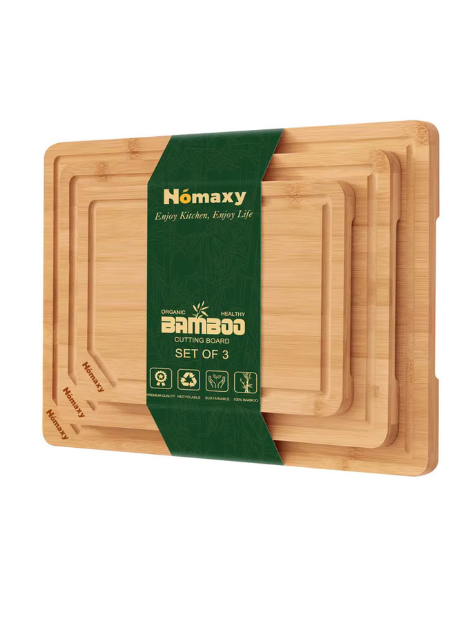 Homaxy Bio-Bambus-Schneidebretter-Set, 3er-Set quadratisch in Braun mit Saftrille und Griffen - Bild 4