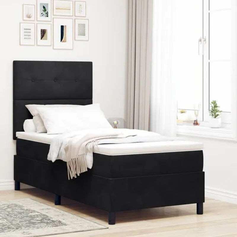 vidaXL Boxspringbett mit Matratze aus Samt in Schwarz, B/T/H: 90 x 200 x 128 cm - Bild 1