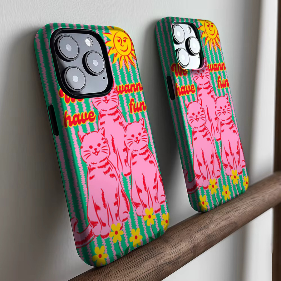 CaseLumi Matte Bumper MagSafe Hülle für iPhone 17 16 15 14 13 Pro Max Stoßfeste Harte PC Retro Design in Pink mit Katzen und Sonne - Bild 2