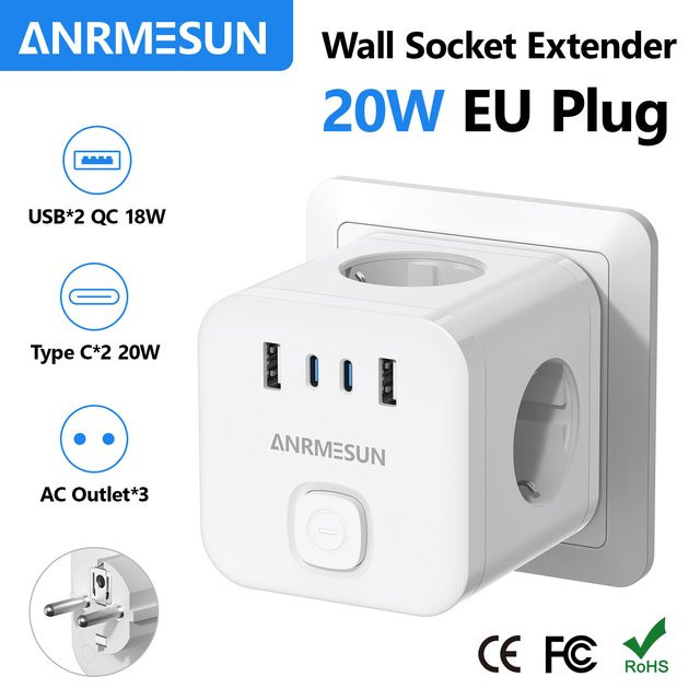 ANRMESUN Steckdosenwürfel mit 3 Wechselstrom-Steckdosen und EU-Stecker in Weiß - Bild 1