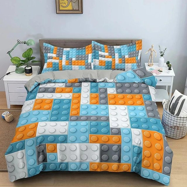 Lodestar Bettwäscheset mit 3D Bausteinmuster in Blau, Bettbezug und Kissenbezug aus Mikrofaser, Breite: 135 cm, Länge: 200 cm - Bild 1