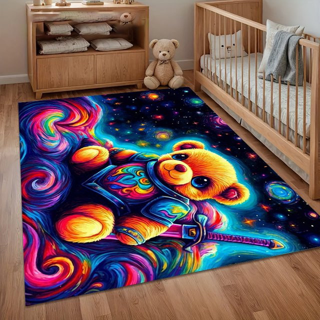Rutschfester Neon-Bären-Teppich mit psychedelischem Galaxienmuster in Multicolour für Kinderzimmer und Spielzimmer - Bild 1