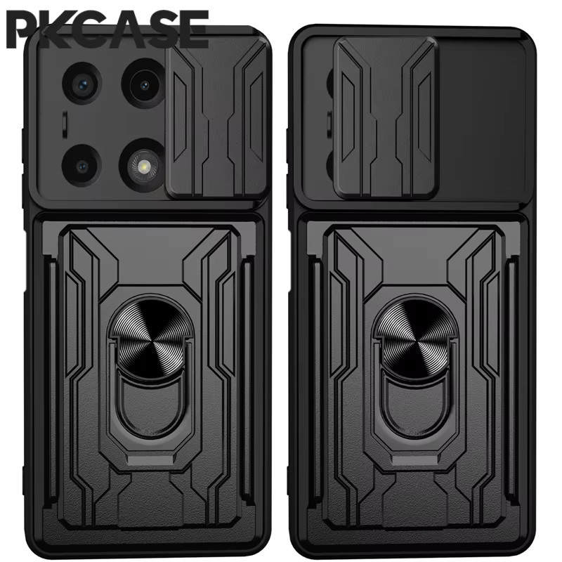 PKCASE Stoßfeste Handyhülle mit Kartensteckplatz und magnetischem Push-Window für Xiaomi 15 Ultra, 15T, 14, 14T und 13 Pro in Schwarz oder Blau - Bild 5