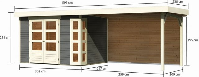 Gartenhaus Karibu KERKO 4 aus nordischer Fichte in Terragrau mit Anbaudach und Rückwand, B: 302 cm, H: 217 cm, T: 195 cm - Bild 1