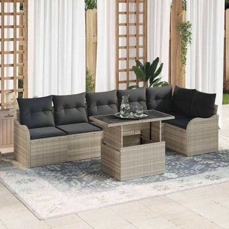 7-teiliges Garten-Sofa-Set aus Poly-Rattan mit Kissen in Hellgrau von vidaxl - Bild 1