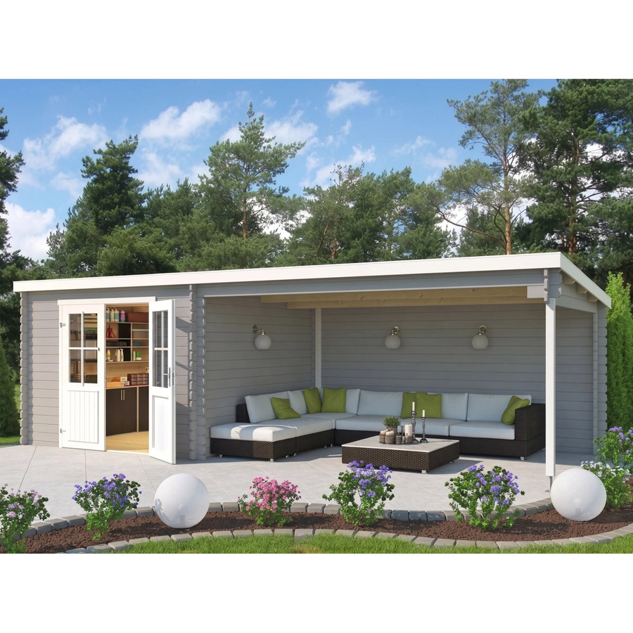 Lasita Gartenhaus St. Louis Exklusiv mit Anbaudach in Hellgrau, Wandstärke 28 mm, B/T/H: 695 x 309 x 211 cm - Bild 2
