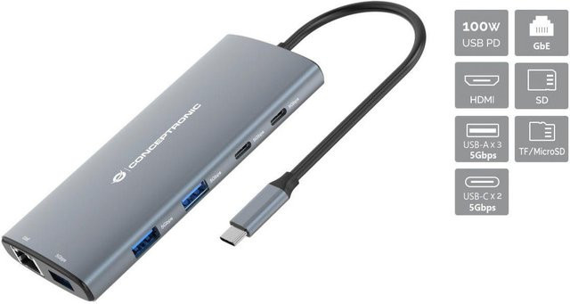 Conceptronic 6-in-1 USB 3.2 Gen 1 Dockingstation in Grau mit HDMI 4K UHD, USB-C und Ethernet/LAN - Bild 1