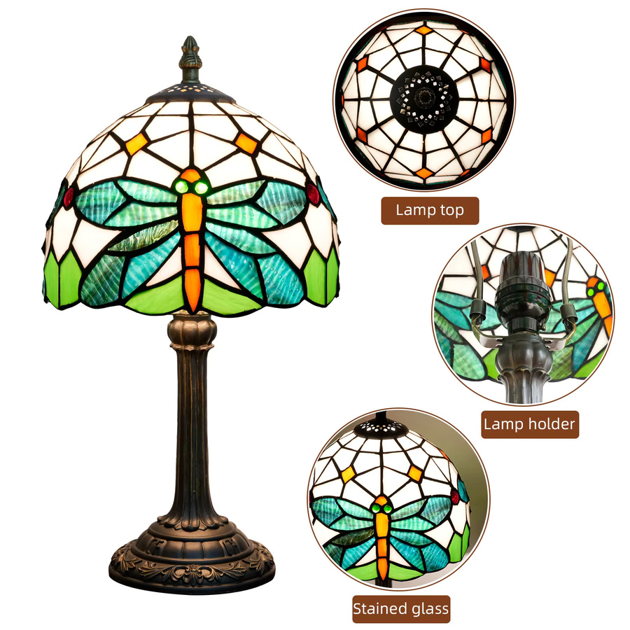 Retro Stehglas-Tischlampe mit grünem Libellen-Design aus Glas und Metall, 20,32 cm Durchmesser - Bild 2