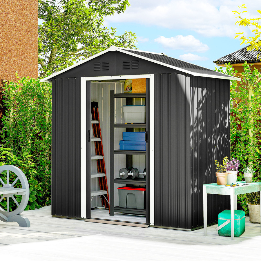 Outsunny Metall-Gartenhaus Geräteschuppen aus verzinktem Stahl mit Schiebetüren und Lüftungsöffnungen, dunkelgrau, B/T/H: 194 x 107 x 191 cm - Bild 2