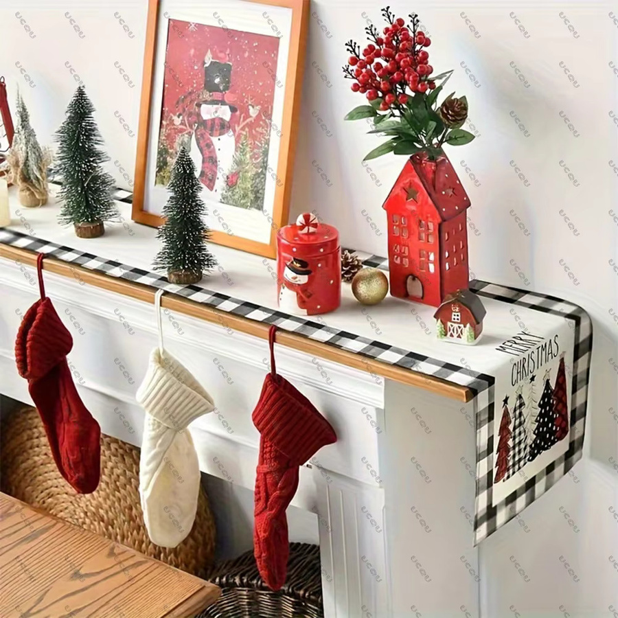 Waterclor Tischläufer Buffalo Plaid Weihnachtsbäume in Schwarz, Dekorativer Stoffläufer aus Leinen für Weihnachten und Partys, B/T/H: 150 x 45 x 30 cm - Bild 4