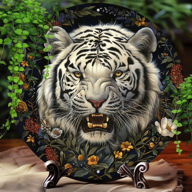 Potdemiel Rundes Aluminiumschild mit weißem Tiger-Motiv im Vintage-Stil, Wandkunst aus Metall, Durchmesser: 20 cm - Bild 1
