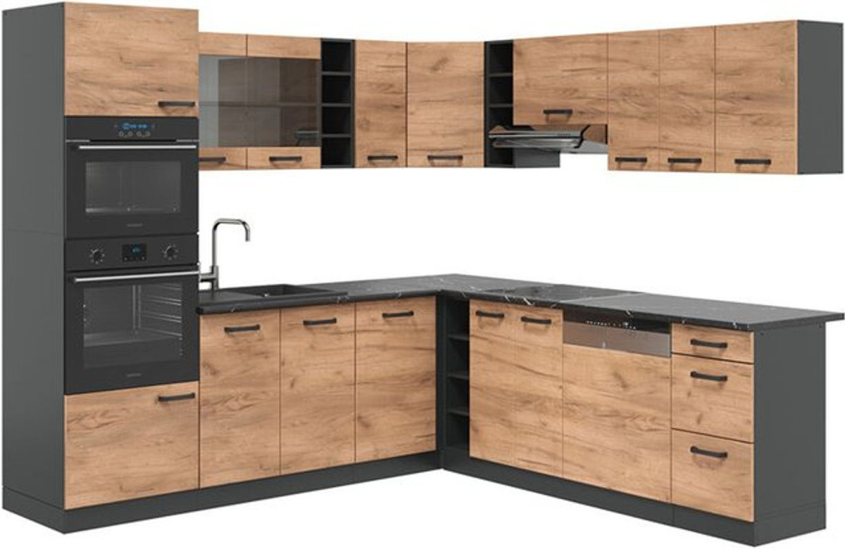 Vicco Eckküche R-Line in Anthrazit und Goldkraft Eiche Natur, moderne Winkelküche aus Holzwerkstoff - Bild 1