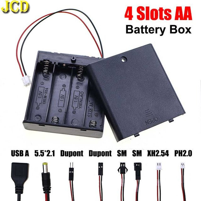 JCD 4-Slot AA-Batterie-Aufbewahrungsbox in Schwarz mit DC 5,5 x 2,1 mm Barrel-Plug und DuPont-Kabeln - Bild 1