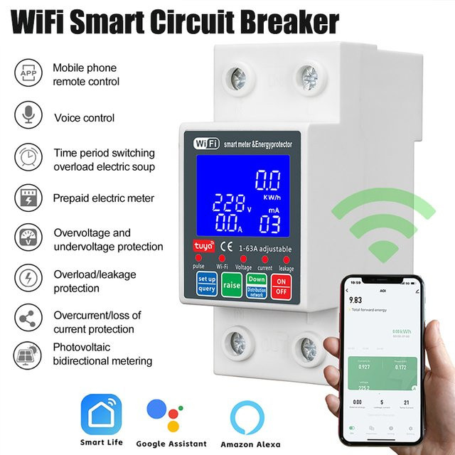 Luxuglow Smart Life PV Smart Leistungsschalter Tuya WLAN MCB mit Stromleckschutz, 63A, 230V, Weiß - Bild 1