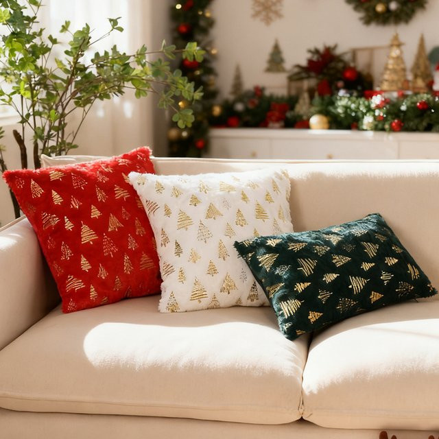 BUYNOW Samt Kissenbezug mit Weihnachtsbaum-Goldprägung für dein Wohnzimmer oder Schlafzimmer in Rot, Grün oder Weiß - Bild 1