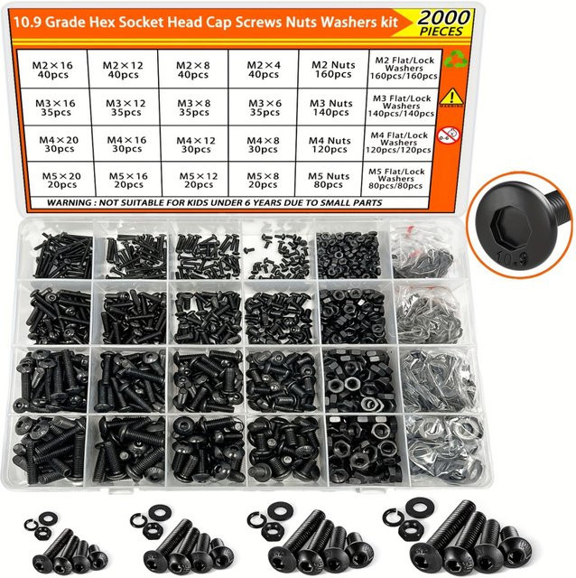 BOVILEVR 2000-teiliges Sechskant-Halbrundkopfschrauben-Set mit Muttern und Unterlegscheiben aus legiertem Stahl, metrische Bolzen M2-M5 in Aufbewahrungsbox - Bild 1