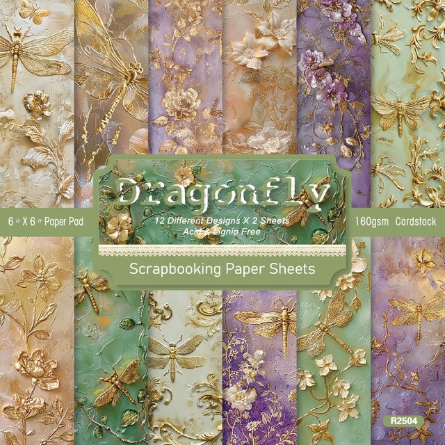 Alinacutle Vintage Dragonfly Gemustertes Bastelpapier für Scrapbooking, 24 Blatt, Mehrfarbig - Bild 1
