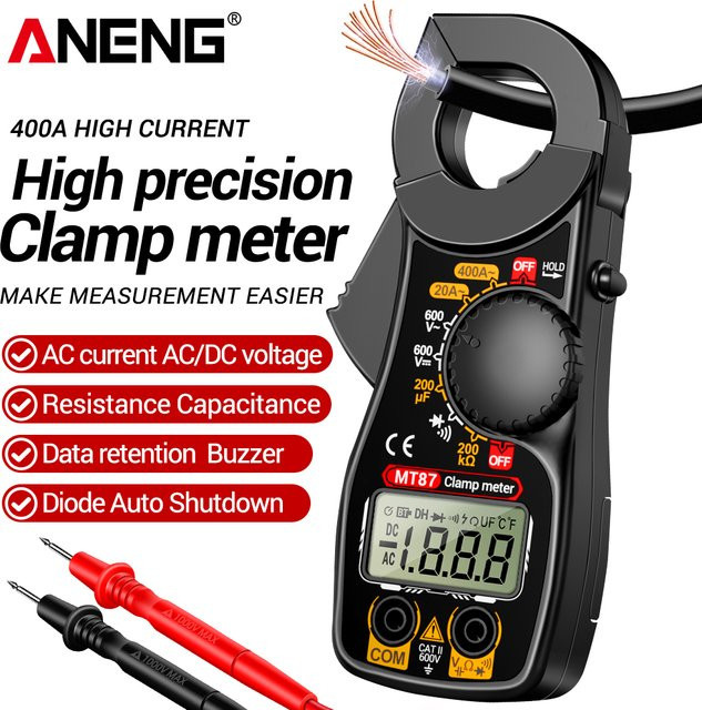 ANENG MT87 Digitales Zangenmessgerät Multimeter mit 1999-Anzeige als DC/AC-Spannungstester, Amperemeter und NCV-Ohm-Detektor in Schwarz und Rot - Bild 1