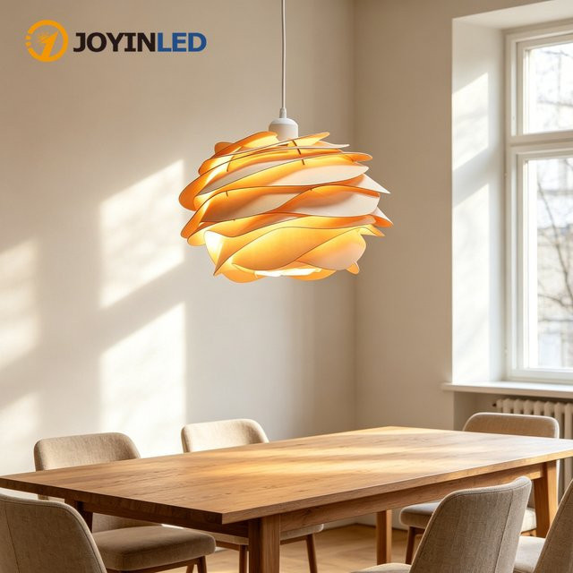 JOYINLED Handgefertigter Kronleuchter im Wabi-Sabi Stil aus Holzfurnier, Nordische Pendelleuchte in Weiß, Durchmesser: 30 cm - Bild 1