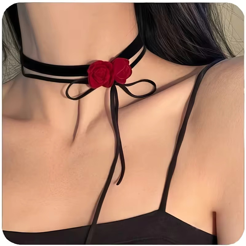Halskette Damen, Samtblumen, Retro-Schleife, Schwarz, Rot, Vintage - Bild 6
