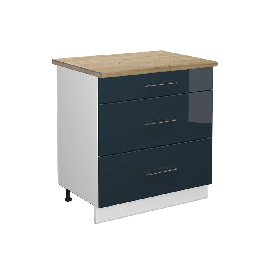 Vicco Küchenunterschrank Fame-Line mit 3 Schubladen, Weiß und Dunkelblau Hochglanz, Arbeitsplatte Eiche, Breite: 80 cm - Bild 3