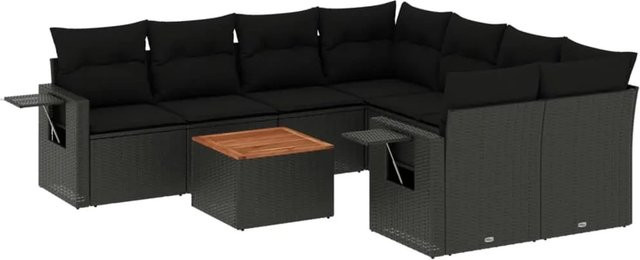 vidaXL 9-tlg. Garten-Sofagarnitur in L-Form aus schwarzem Poly-Rattan mit Kissen und pulverbeschichtetem Stahlrahmen - Bild 1