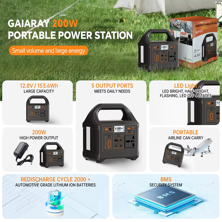 Gaiaray Tragbare Powerstation 200W mit 153,6Wh LiFePO4-Batterie, 220V Solargenerator und Outdoor-Powerbank für Camping und Notstromversorgung - Bild 2
