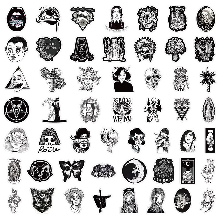 52 Stück Gothic Punk Aufkleber in Schwarz-Weiß von Papery Pop Store für dein DIY Journal und Laptop - Bild 2