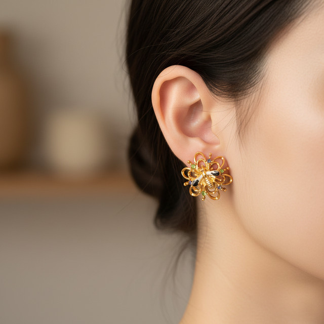 Kovonchy Ohrstecker, Bienen- und Blumenmotiv, 18K vergoldet, Damen und Mädchen, Zirkonia - Bild 1