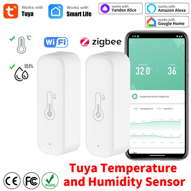 Tuya Smart Home Temperatur und Luftfeuchtigkeit Messgerät WiFi Zigbee Thermometer Hygrometer mit App-Steuerung und Fernalarm in Weiß - Bild 1