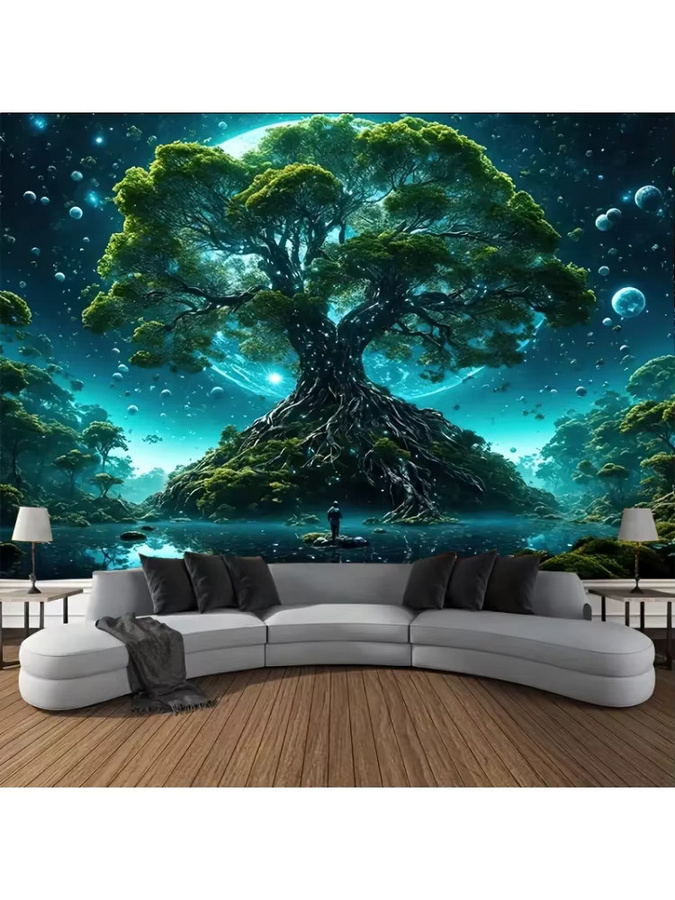 VIKAMA Fantasy-Wandteppich Baum des Lebens in Multicolour mit magischem Wald, Mond und Sternen als Wandbehang für dein Wohnzimmer oder Schlafzimmer - Bild 4
