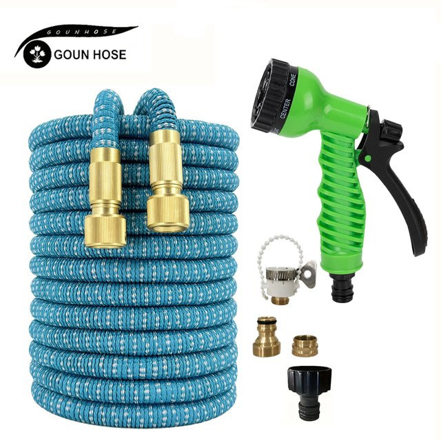 GOUN HOS Teleskop-Gartenbewässerungsschlauch mit 7 Funktionen und Spritzpistole in Blau und Grau - Bild 1