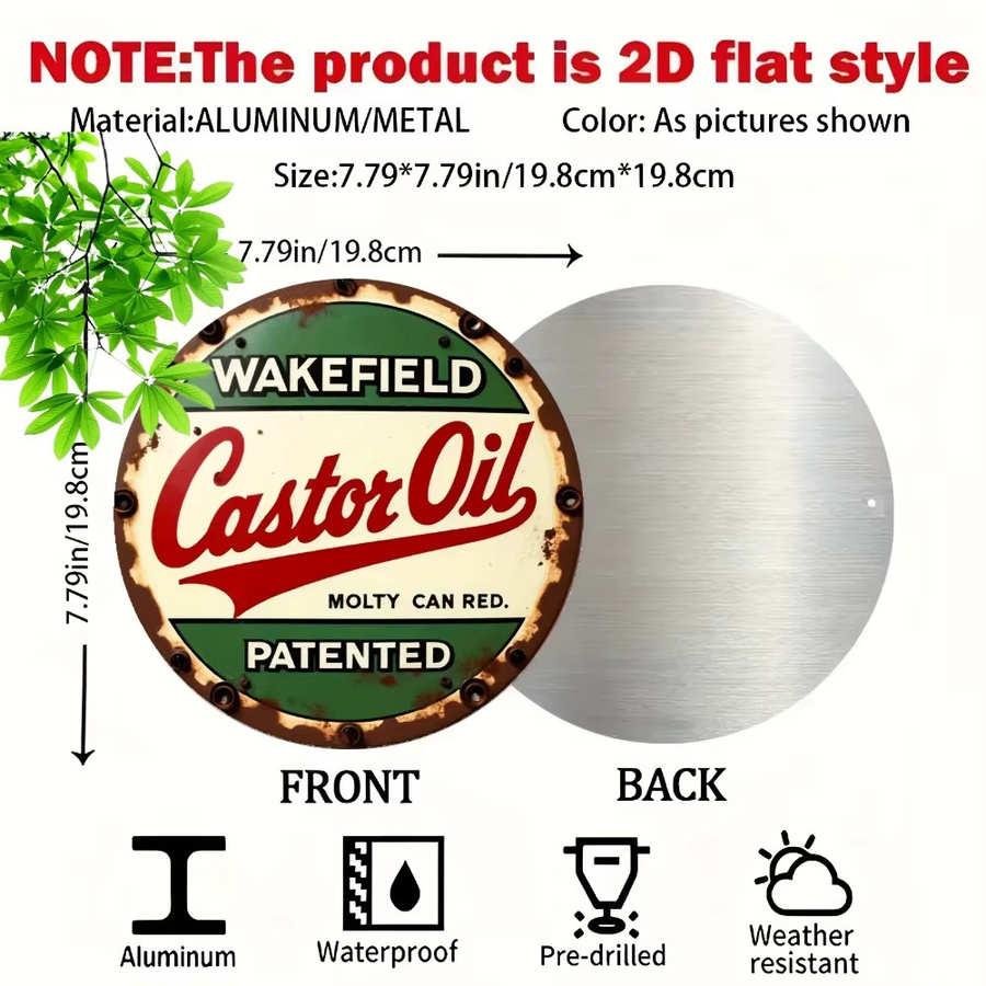 CIFBUY Vintage Wakefield Castor Oil Rundes Aluminiumschild als Rustikale Farmhaus-Wandkunst in Grün-Rot-Finish - Bild 2