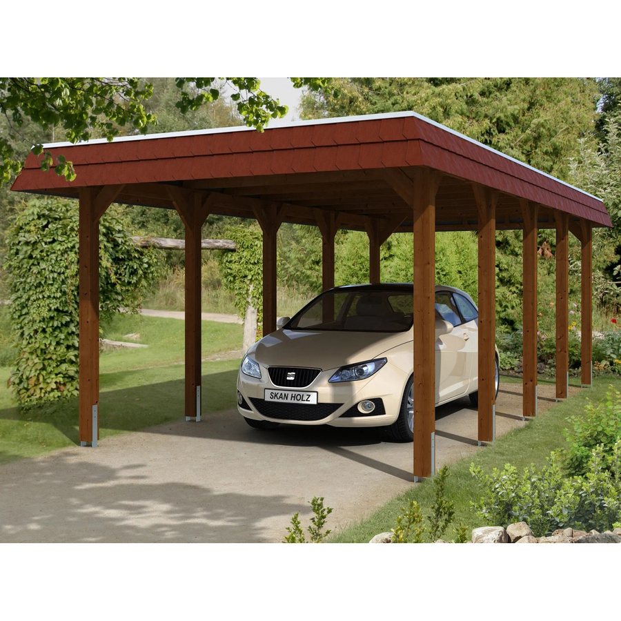 Skan Holz Carport Spreewald aus Nadelholz mit Aluminium-Dachplatten und Regenrinne, Farbe Nussbaum, B: 741 cm, T: 345 cm, H: 241 cm - Bild 2