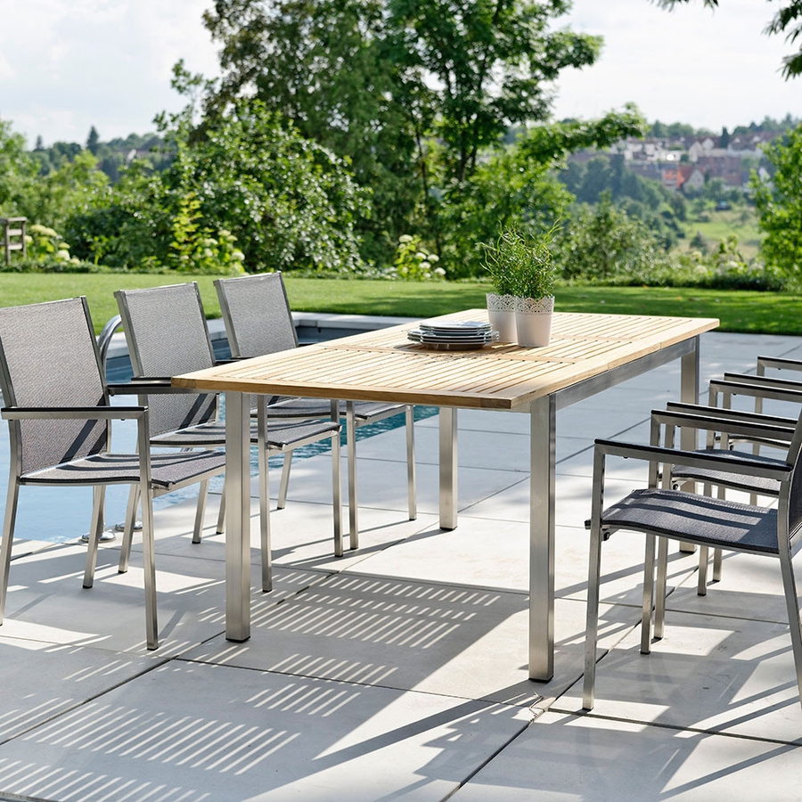 Stern Ausziehtisch mit FSC-zertifizierter Teakplatte und Edelstahlgestell in Braun, B/T: 220 x 90 cm (ausziehbar auf 162 cm) - Bild 2